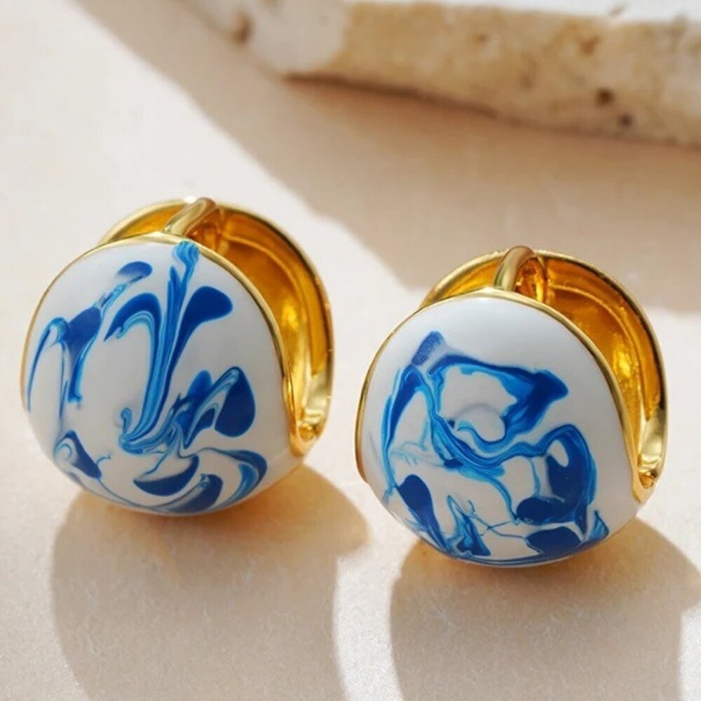 NEW 14K Yellow Gold White Blue Enamel Statement Earrings